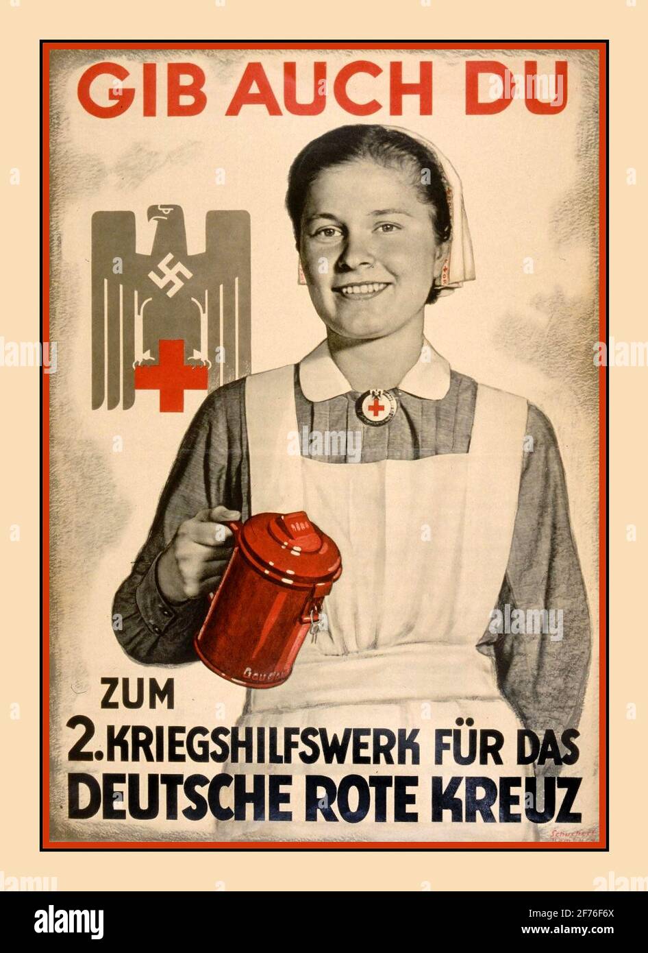 Nazi Germany 1940's Red Cross Promotion Poster by Schuchert, Hamburg for the Winterhilfswerk des Deutschen Volkes (WHW), an annual drive in Nazi Germany by the National Socialist People's Welfare (German: en:Nationalsozialistische Volkswohlfahrt) to help finance charitable work, promoting a WW2 1941 German Red Cross campaign. Date1941 Stock Photo