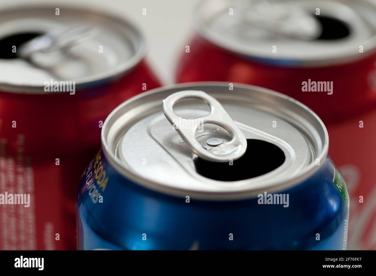 Open soda cans (pop cans, aluminum cans, aluminium cans) - USA Stock Photo