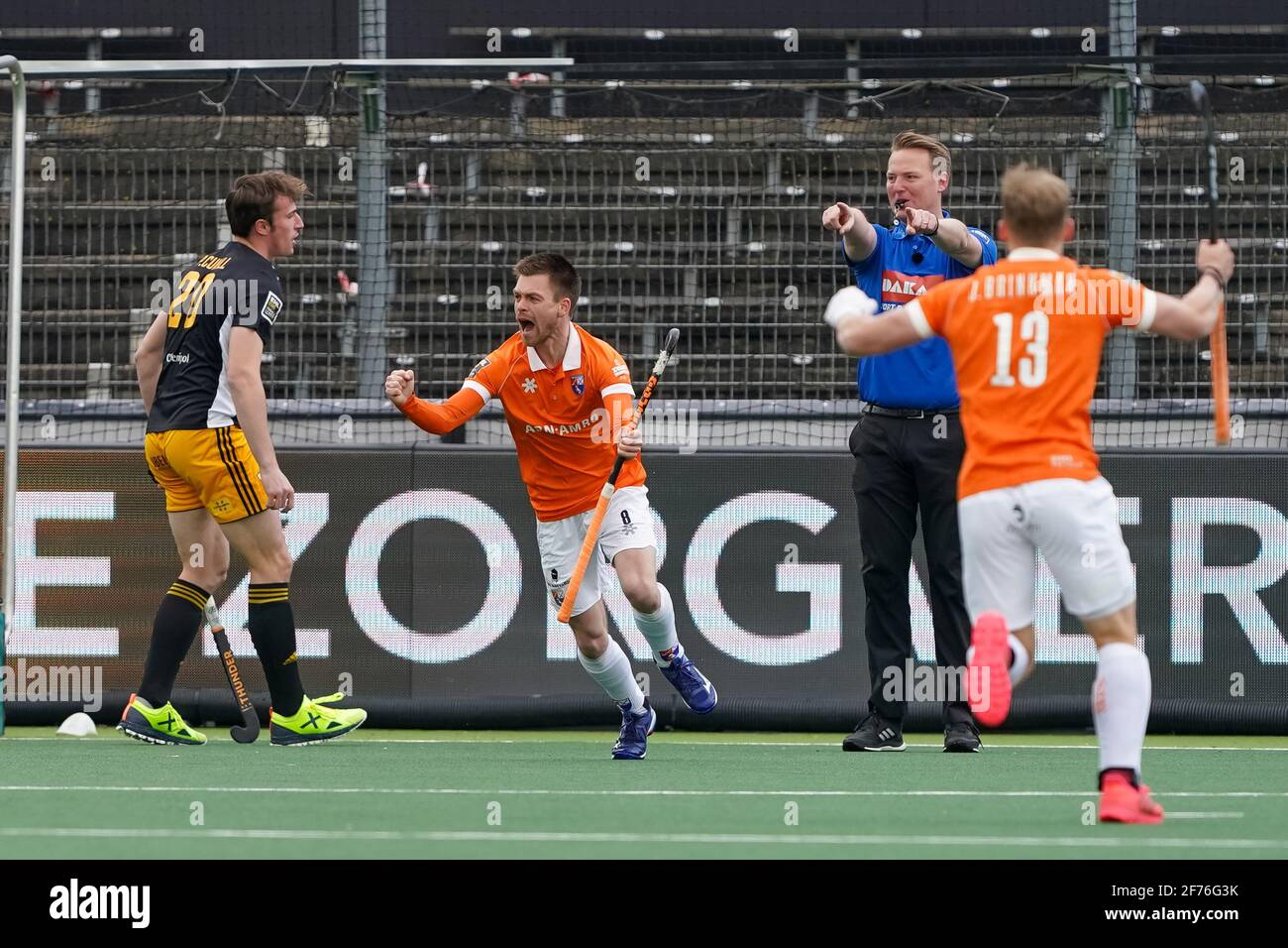 AMSTELVEEN, NETHERLANDS - APRIL 5: Thierry Brinkman of Bloemendaal celebrates after scoring his sides second goal during the Euro Hockey League Final match between Atletic Terrassa HC and Bloemendaal at Wagener Stadion on April 5, 2021 in Amstelveen, Netherlands (Photo by Andre Weening/Orange Pictures) Stock Photo