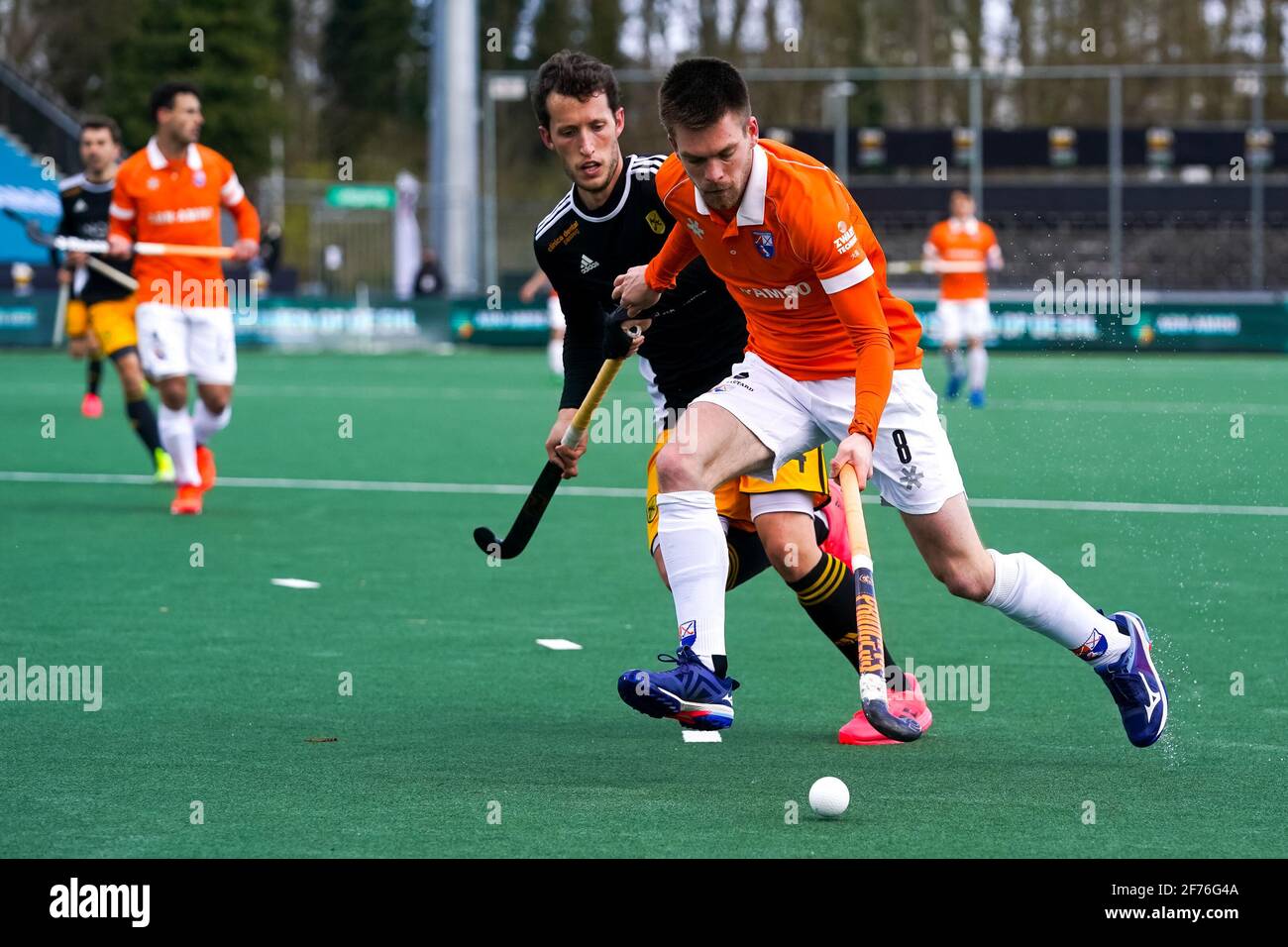 AMSTELVEEN, NETHERLANDS - APRIL 5: Ignasi Torras of Atletic Terrassa HC and Thierry Brinkman of Bloemendaal during the Euro Hockey League Final match between Atletic Terrassa HC and Bloemendaal at Wagener Stadion on April 5, 2021 in Amstelveen, Netherlands (Photo by Andre Weening/Orange Pictures) Stock Photo