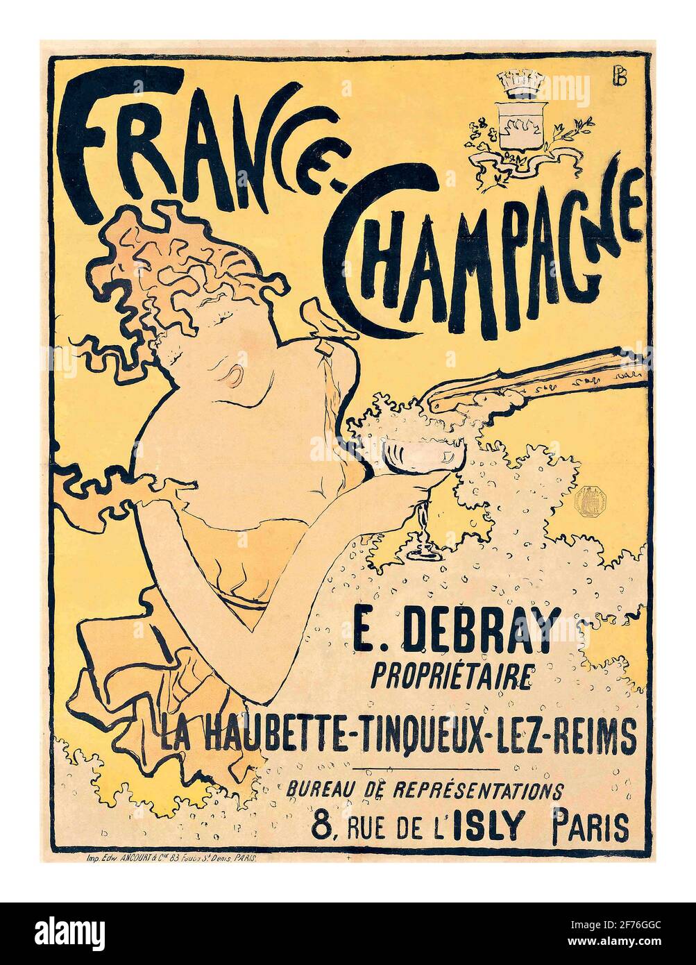 Vintage ‘France Champagne’ La Haubette-Tinqueux- Le Reims Poster in a flamboyant Parisian style Artist Pierre Bonnard  (1867–1947) Poster advertisement for Debray Champagne, 1891 Stock Photo