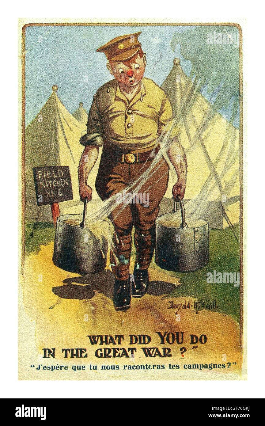 Vintage UK WW1 cartoon recruiting postcard ' What did you do in the Great War'? also translated into French with British soldier weighed down on cookhouse duties World War I Stock Photo