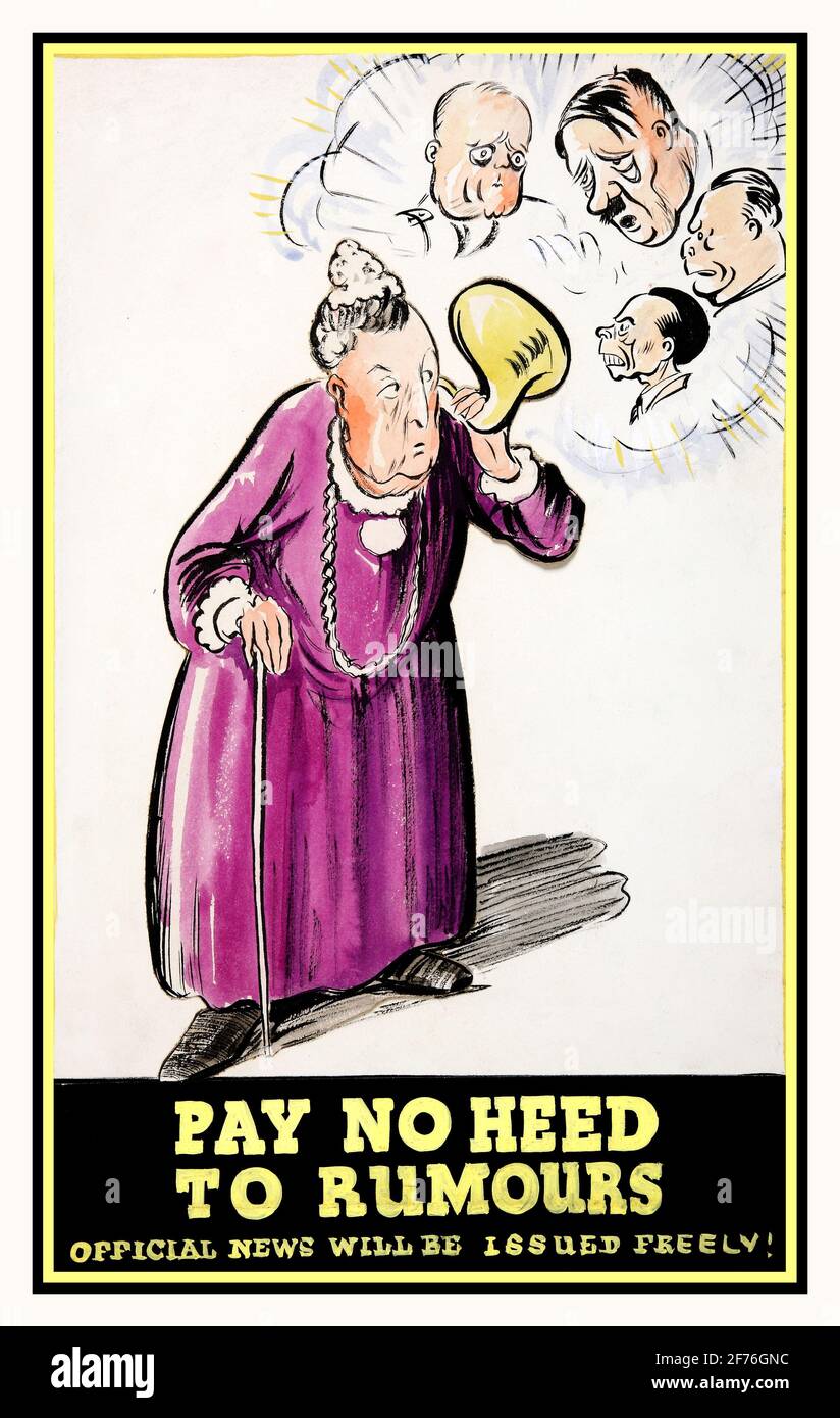 Vintage UK WW2 Propaganda Poster 'Pay no heed to rumours - official news will be issued freely!' Date between 1939 and 1946 Cartoon features Adolf Hitler & Joseph Goebbels and Axis leaders Stock Photo