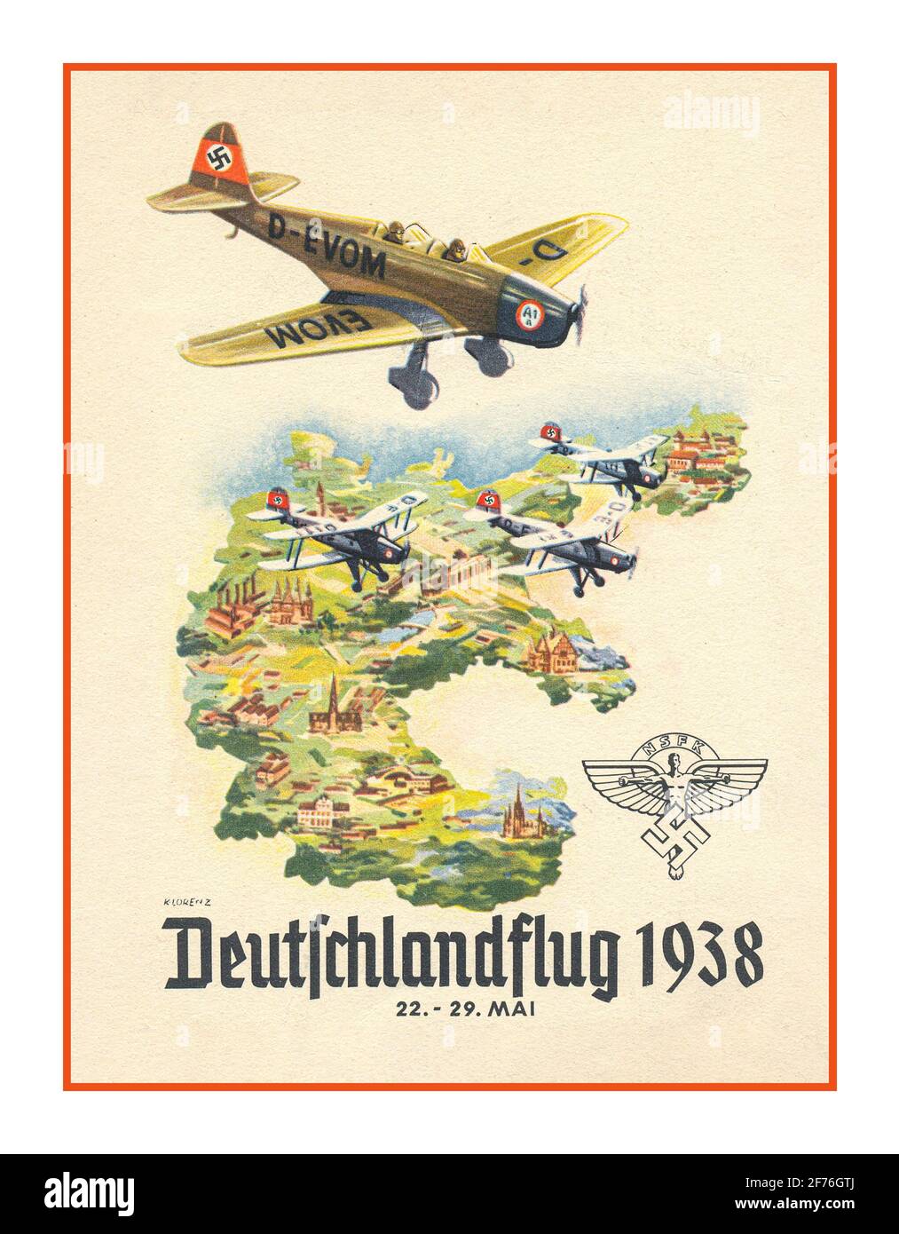 Vintage Nazi Propaganda Card Poster for 'Deutschlandflug 1938.  Germany Propaganda Card Poster for NSFK 'Deutschlandflug 1938. with German aircraft displaying swastika tail fins flying over Germany. The National Socialist Flyers Corps (German: Nationalsozialistisches Fliegerkorps; NSFK) was a paramilitary organization of the Nazi Party. Stock Photo