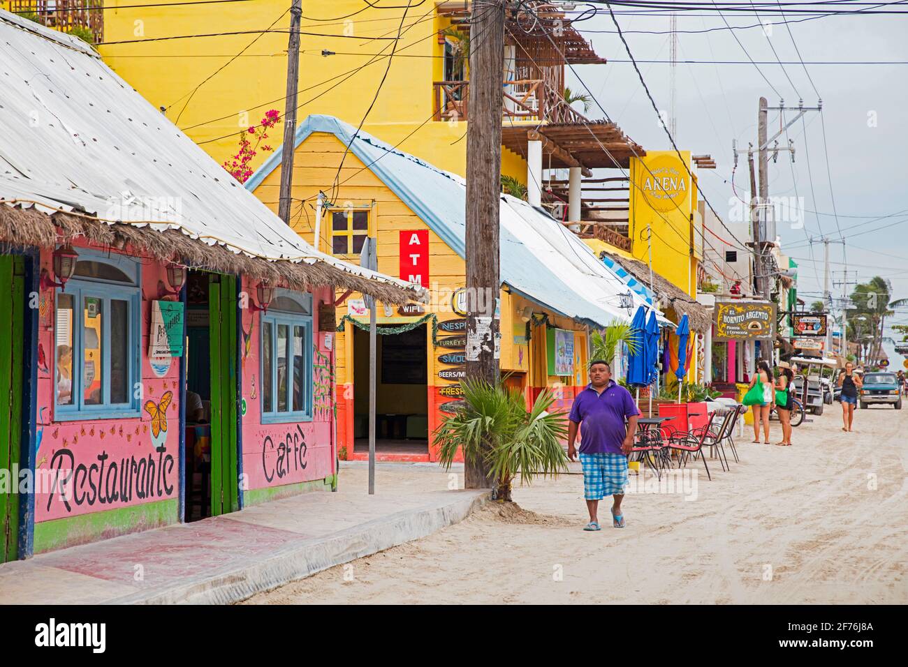 Restaurants and cafés in street on Isla Holbox, island in the Mexican state of Quintana Roo