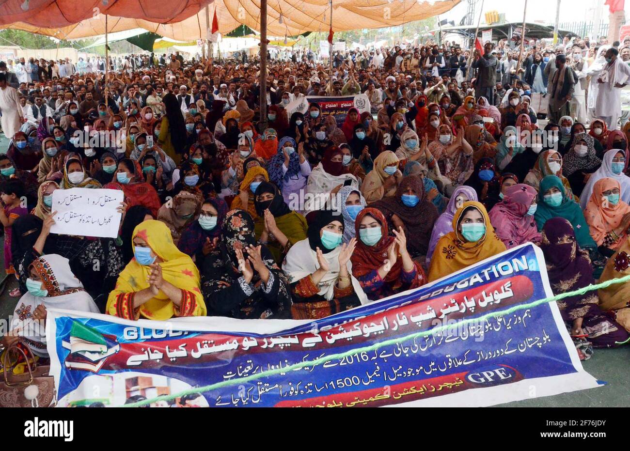 Members of Teachers Action Committee are holding protest demonstration for regularization, in Quetta on Monday, April 05, 2021. Stock Photo