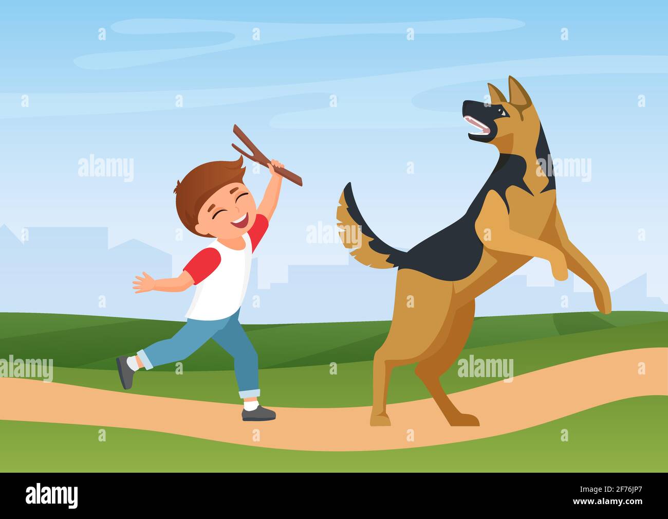 Happy boy kid training playing with dog in nature summer park