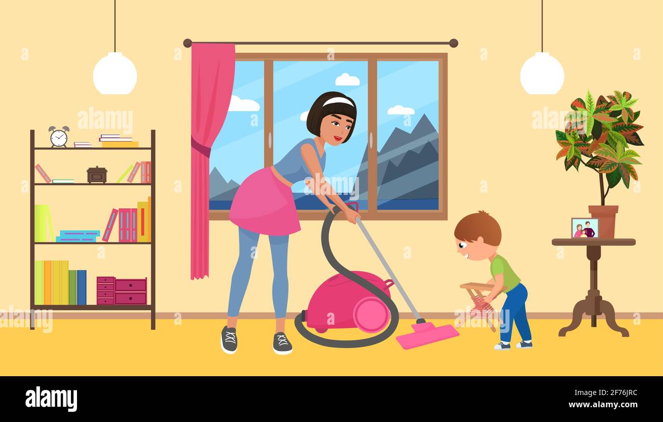 Children help parents with housework mother with vacuum cleaner