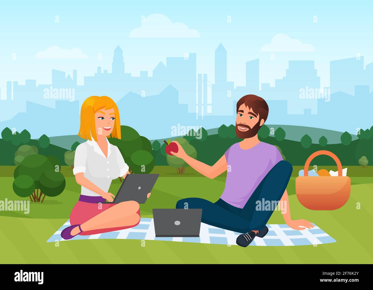 People on picnic in summer city park landscape, man woman sitting on blanket  together Stock Vector Image & Art - Alamy
