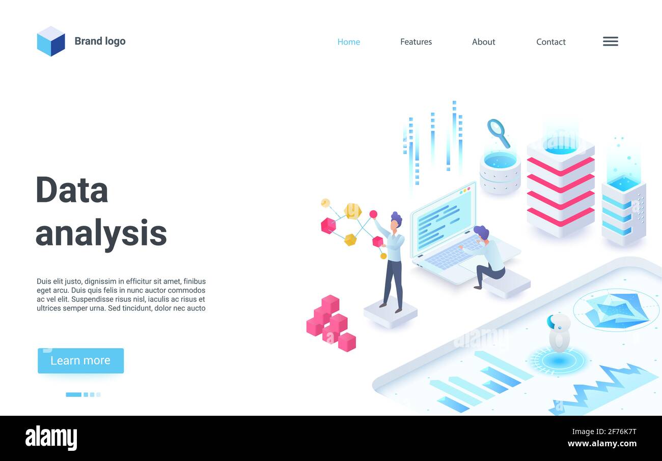 Data analysis, business investment, analytical service, studying data information isometric landing page Stock Vector