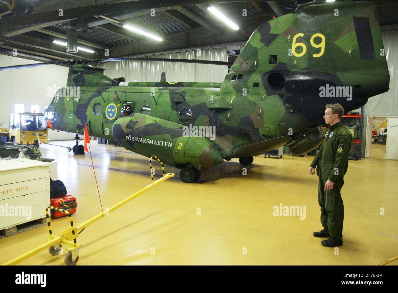 Albert Dahlin at the Swedish Air Force's Helicopter 4, Hkp 4, from the Helicopter Battalion, Berga naval base. Hkp 4 was used in submarine hunts and rescue missions such as the Estonia disaster. Stock Photo