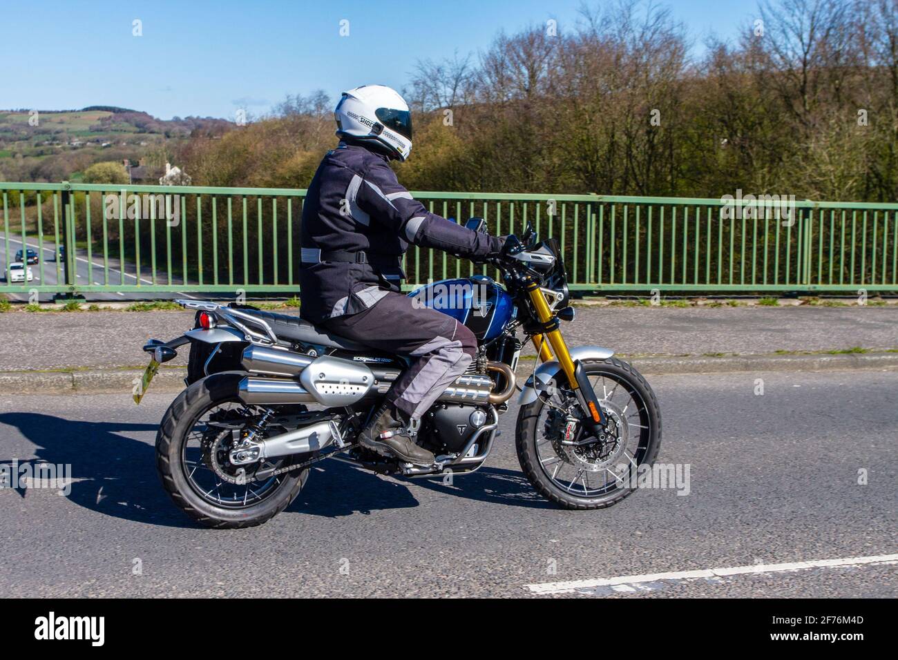 2020 Triumph Scrambler 1200 XE 1200cc sports; Motorbike rider; two wheeled transport, motorcycles, vehicle on British roads, motorbikes, motorcycle bike riders motoring in Manchester, UK Stock Photo