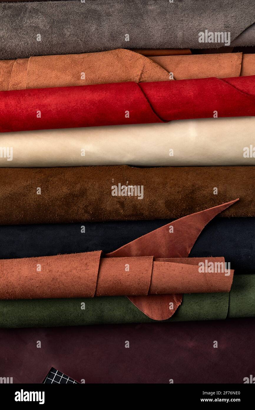 Artificial leather samples on a cow leather background. Top view Stock Photo