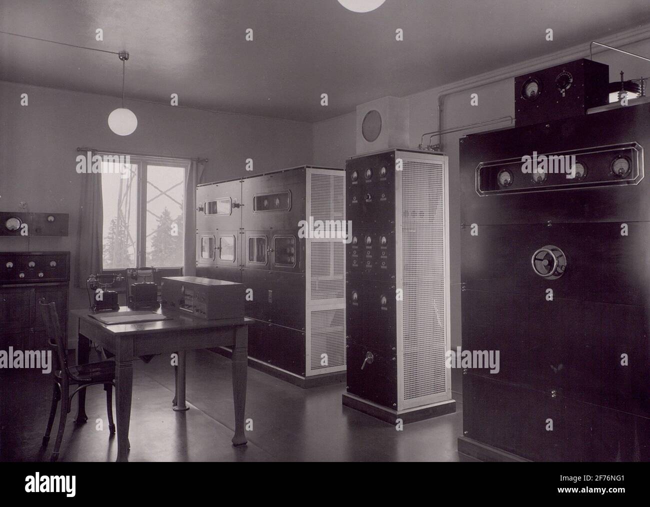 The hudicle station. 1 kW standard transmitter, steering transmitter, rectifier and 2 transmitter steps. Interior. Stock Photo