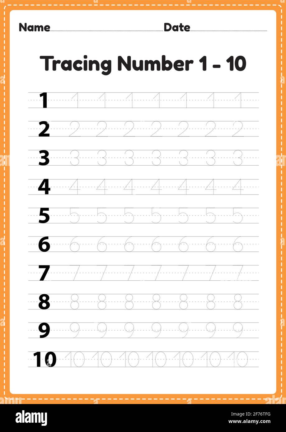 tracing number 1 10 worksheet for kindergarten and preschool kids for educational handwriting practice in a printable page stock vector image art alamy