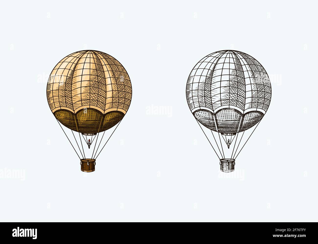 Vintage Hot Air Balloon. Vector retro flying airship with decorative elements. Template transport for Romantic logo. Hand drawn Engraved sketch. Stock Vector
