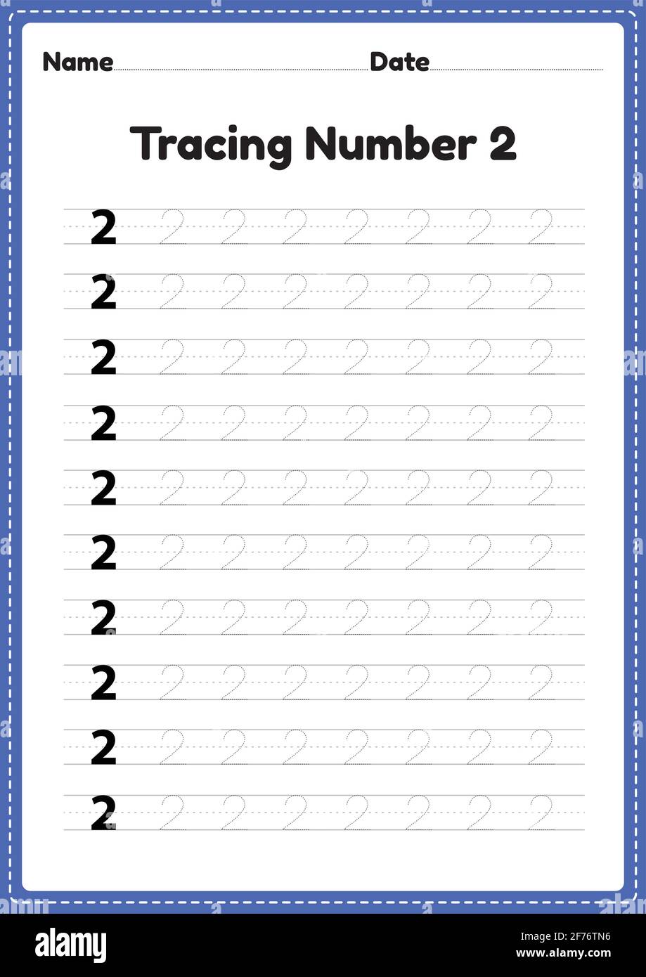 Tracing number 2 worksheet for kindergarten and preschool kids for educational handwriting practice in a printable page. Stock Vector
