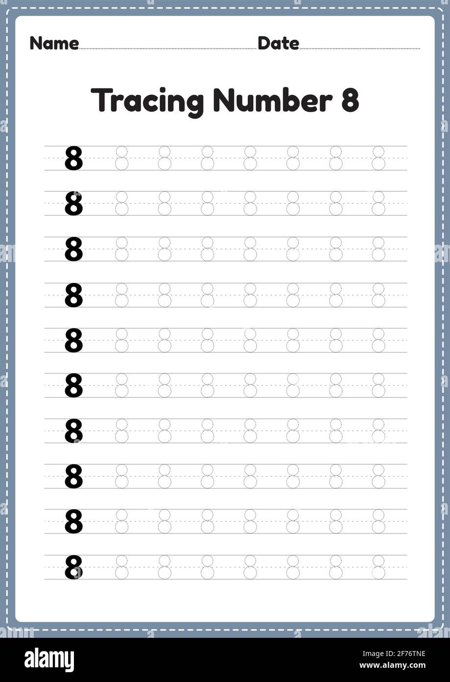 Tracing number 8 worksheet for kindergarten and preschool kids for educational handwriting practice in a printable page. Stock Vector