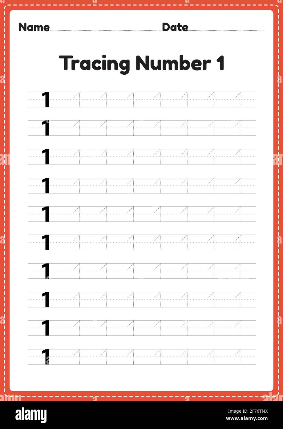 Tracing number 1 worksheet for kindergarten and preschool kids for educational handwriting practice in a printable page. Stock Vector