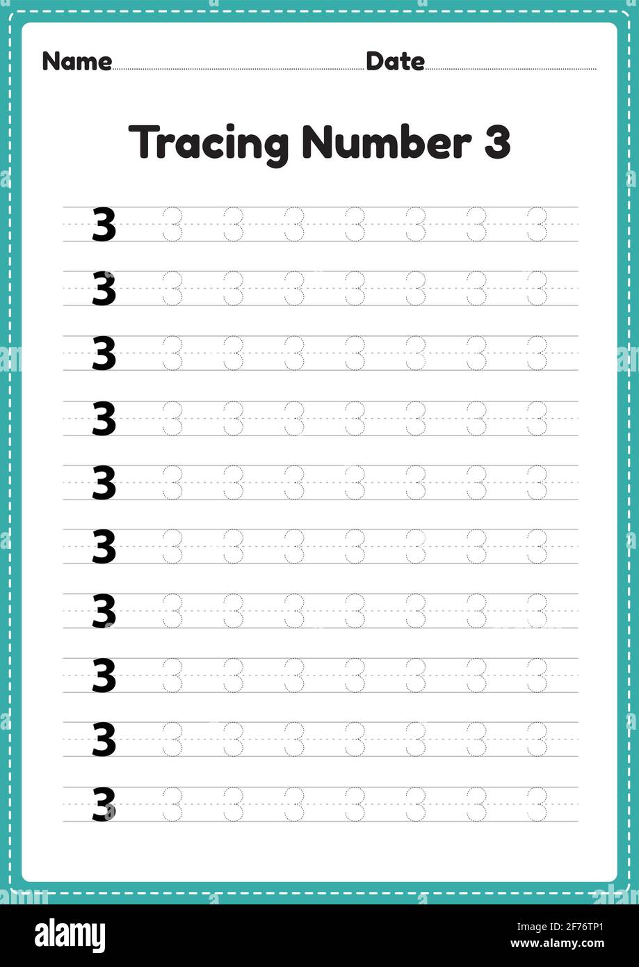 Tracing number 3 worksheet for kindergarten and preschool kids for educational handwriting practice in a printable page. Stock Vector