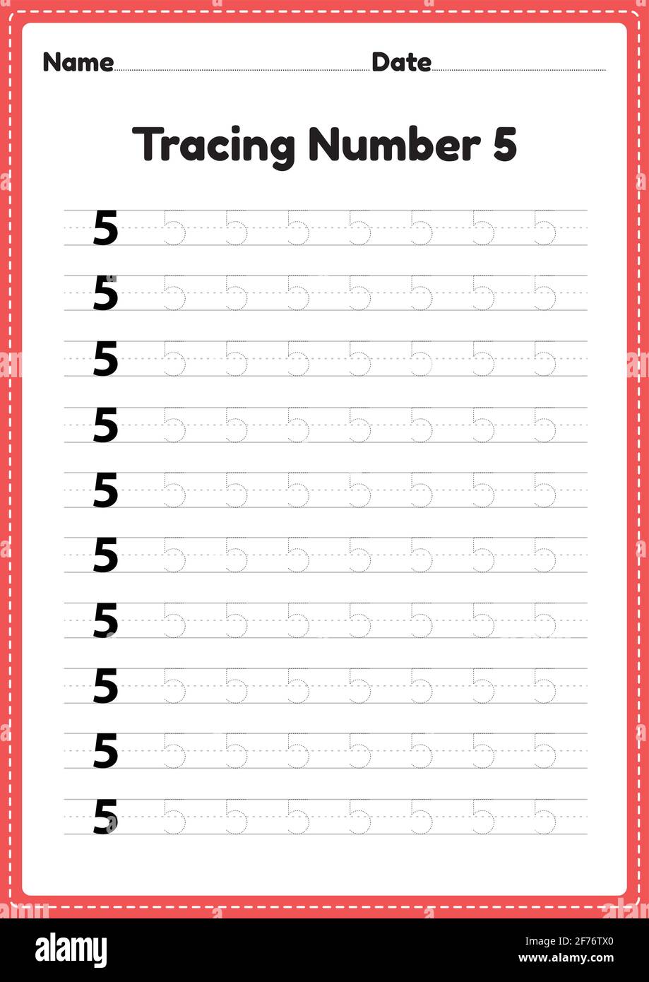 Tracing number 5 worksheet for kindergarten and preschool kids for educational handwriting practice in a printable page. Stock Vector
