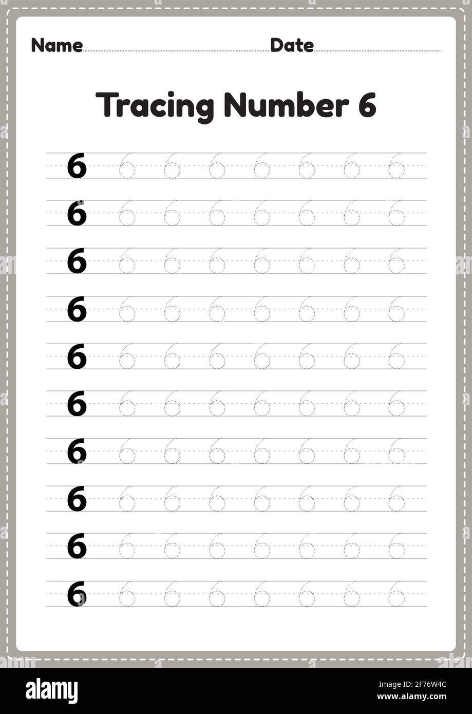Tracing number 6 worksheet for kindergarten and preschool kids for educational handwriting practice in a printable page. Stock Vector