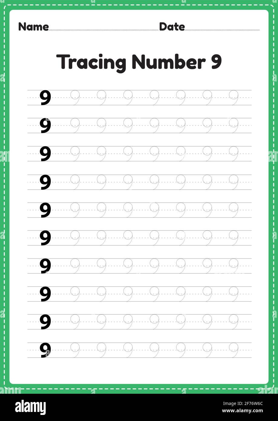 Tracing number 9 worksheet for kindergarten and preschool kids for educational handwriting practice in a printable page. Stock Vector