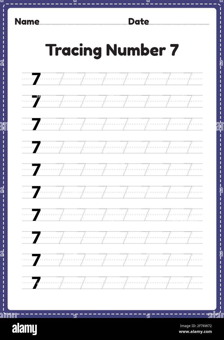 Tracing number 7 worksheet for kindergarten and preschool kids for educational handwriting practice in a printable page. Stock Vector