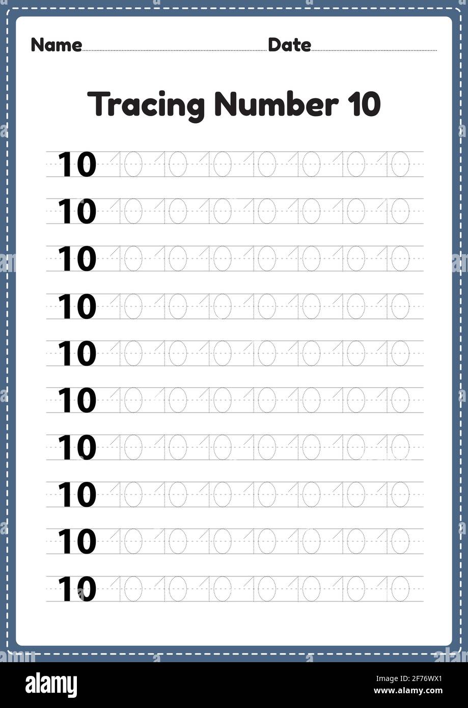 Tracing number 10 worksheet for kindergarten and preschool kids for educational handwriting practice in a printable page. Stock Vector