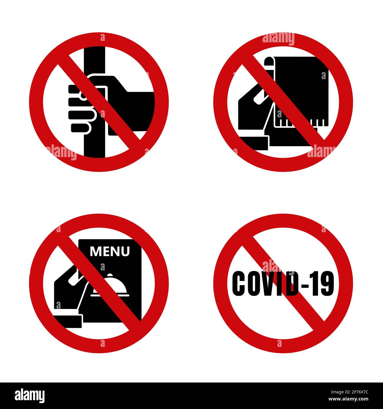 Coronavirus, 2019-nCoV. Stop Prohibition Red Icons. Forbidden sign with no Coronavirus. Don't touch Handrail, Menu, Towel. Stock Vector