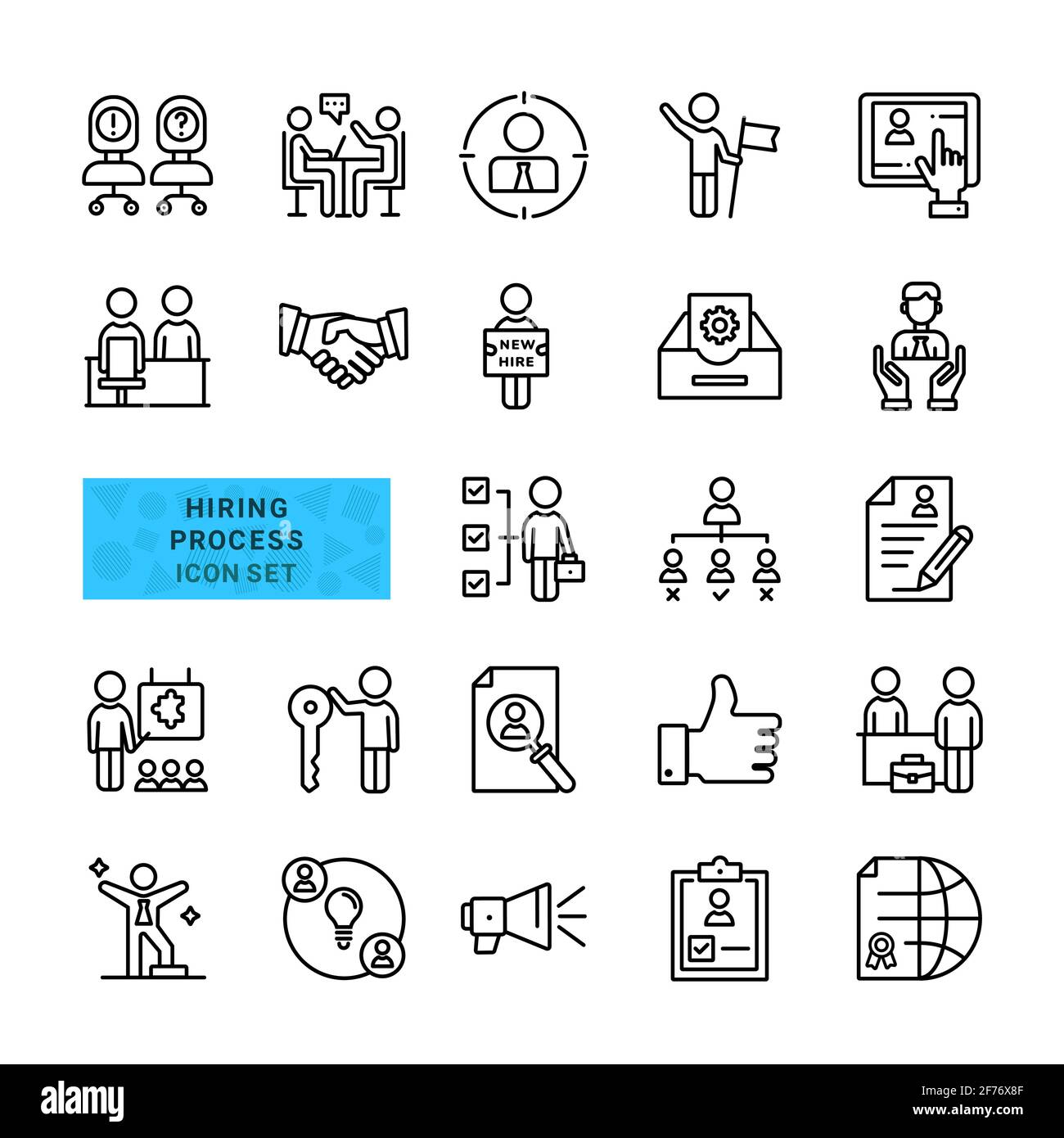 Set of Icons About Hiring Process. Include Outline Icons Human Resources, Handshake, Training, Business Management. vector Illustration. Stock Vector