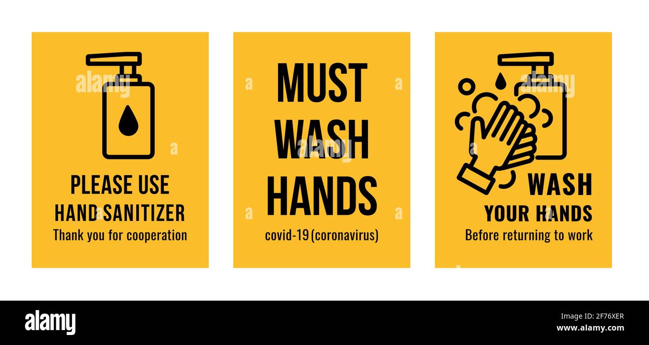 Set of Hand washing sign such as Hand Sanitizer, Must Wash Hands and Wash Your Hands. Vector Image. Stock Vector