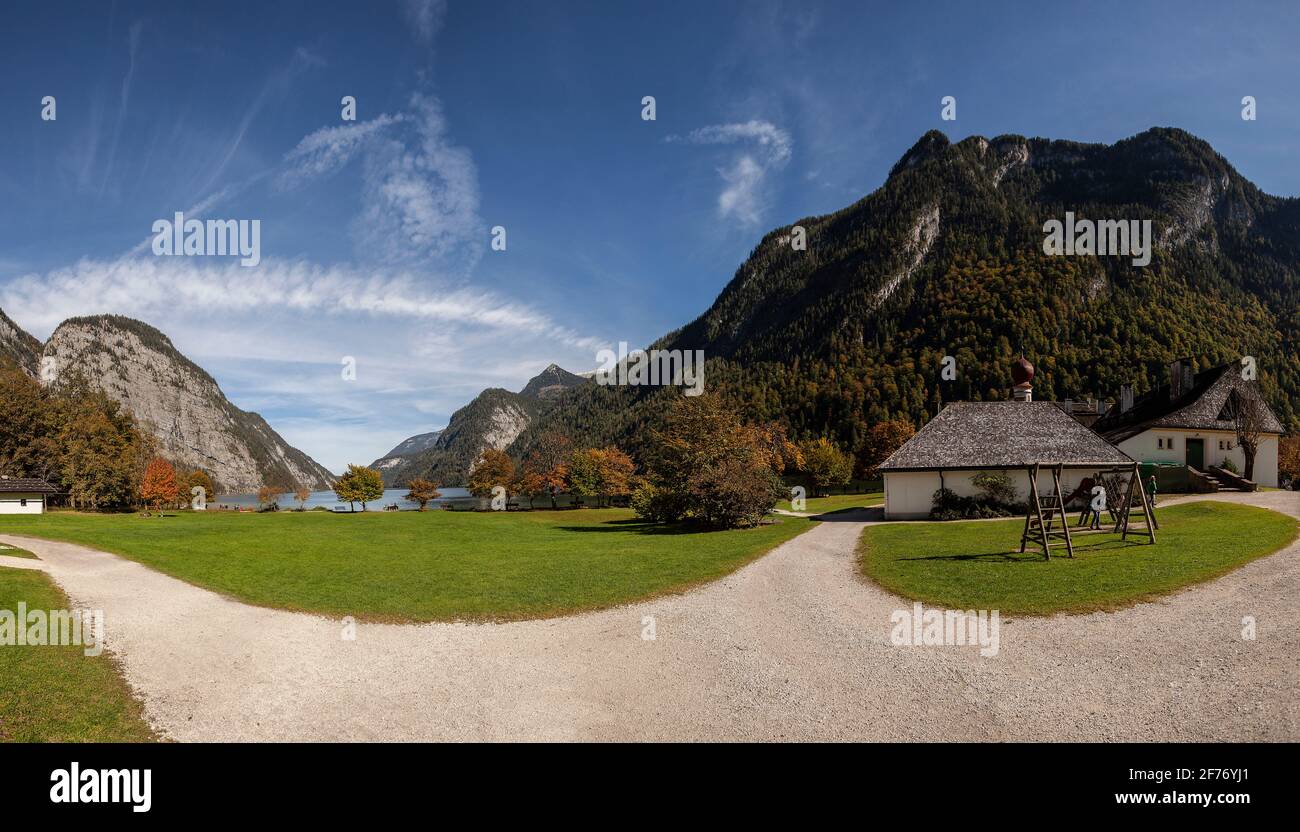 Mountain panorama of famous lake Koenigssee, Sankt Bartholomä, Bavaria, Germany in summertime Stock Photo