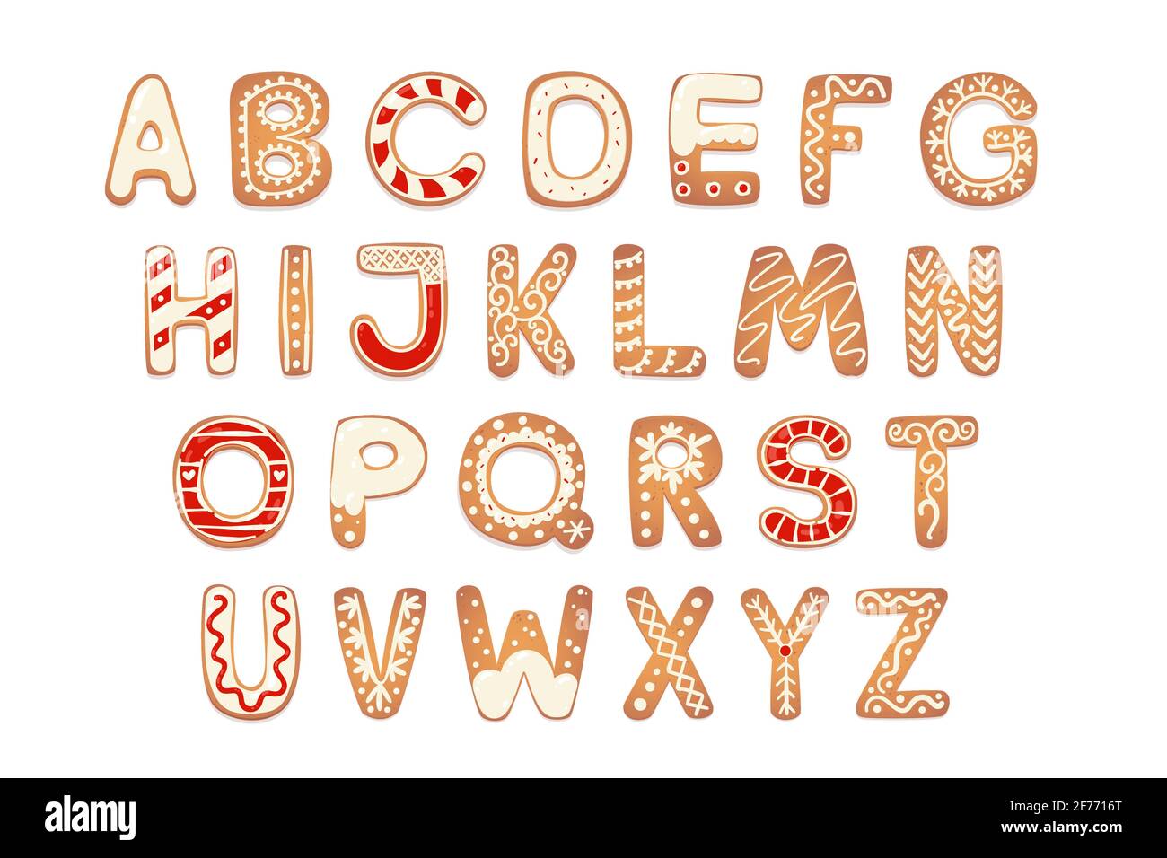 Christmas gingerbread cookies alphabet. Biscuit letters for xmas messages and design. Vector figures with sugar decorations. Stock Vector
