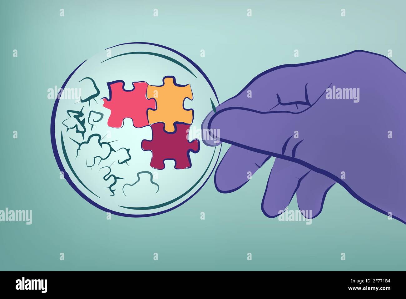 Vector Illustration of biotech science, hand with puzzle on laboratory
