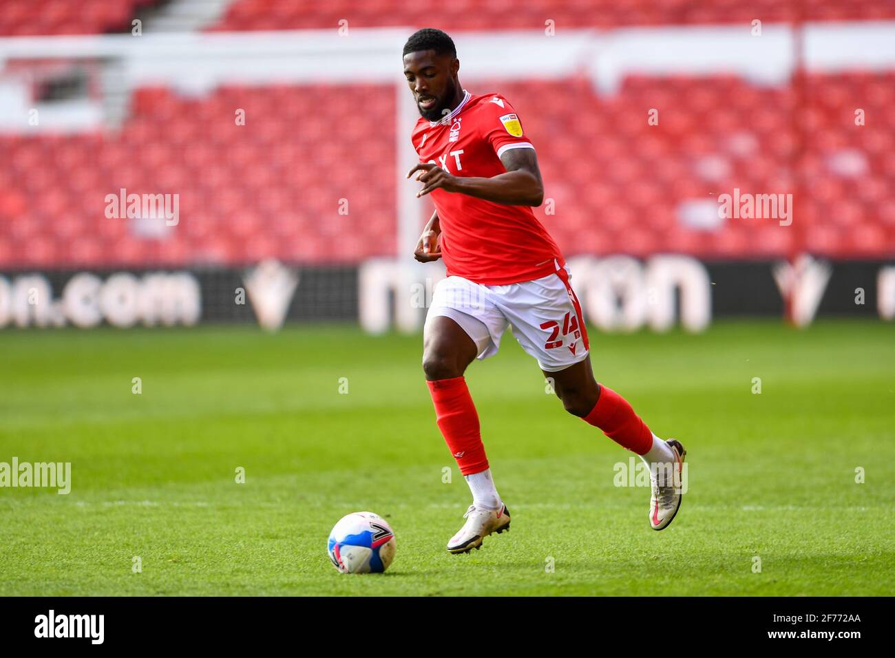 NOTTINGHAM, ENGLAND. APRIL 5TH: Tyler Blackett (24) of Nottingham Forest in action during the Sky Bet Championship match between Nottingham Forest and Queens Park Rangers at the City Ground, Nottingham on Monday 5th April 2021. (Credit: Jon Hobley | MI News) Credit: MI News & Sport /Alamy Live News Stock Photo