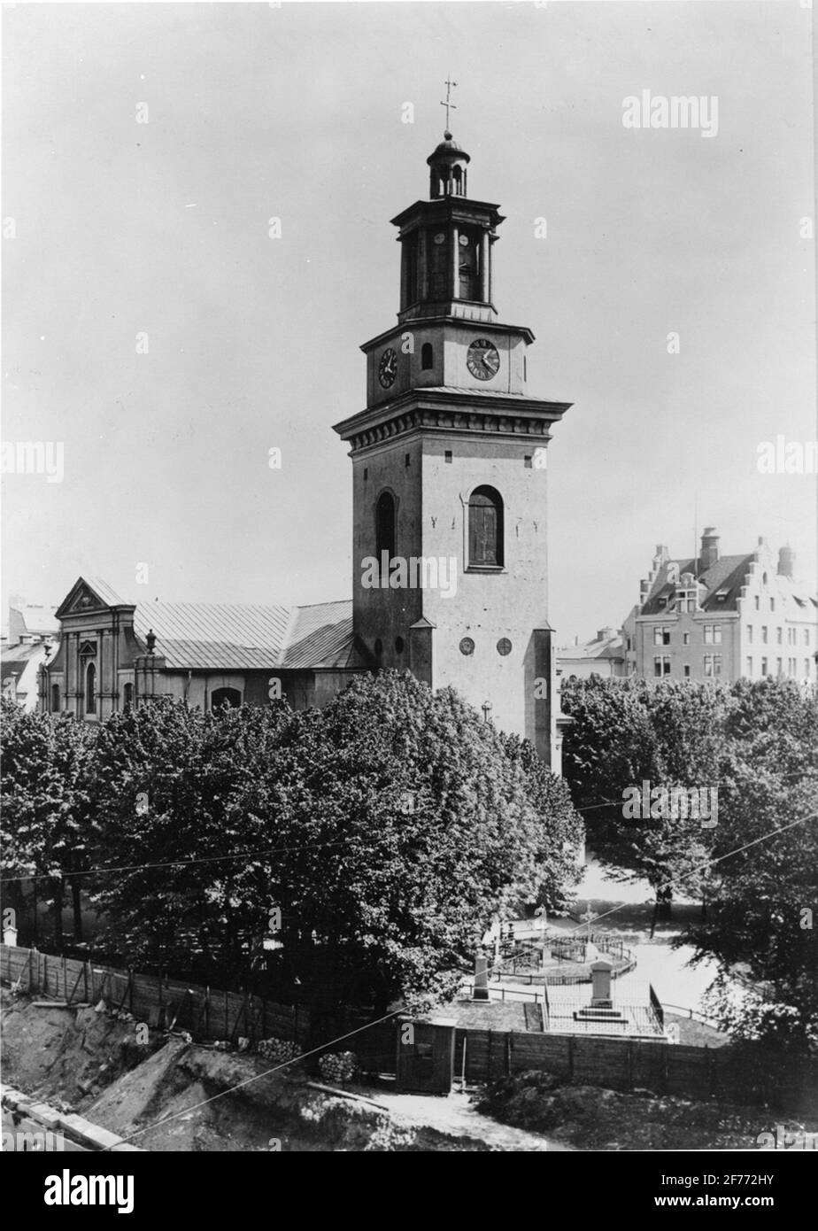 Maria church. Photo from the northwest around 1900. Inside the choir there is an epitaph of Christopher Polhem, which was buried here in 1751. Stock Photo