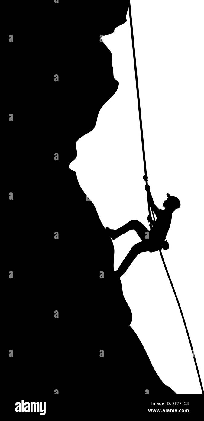 Silhouette young man climber climbs on rock. Illustration graphics icon Stock Vector