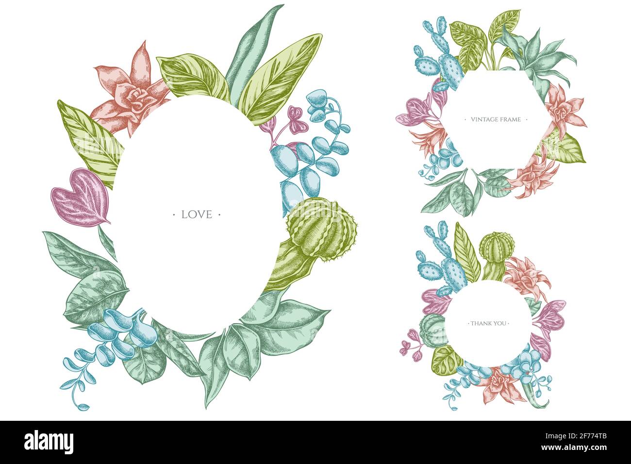 Floral frames with pastel ficus, iresine, kalanchoe, calathea, guzmania, cactus Stock Vector