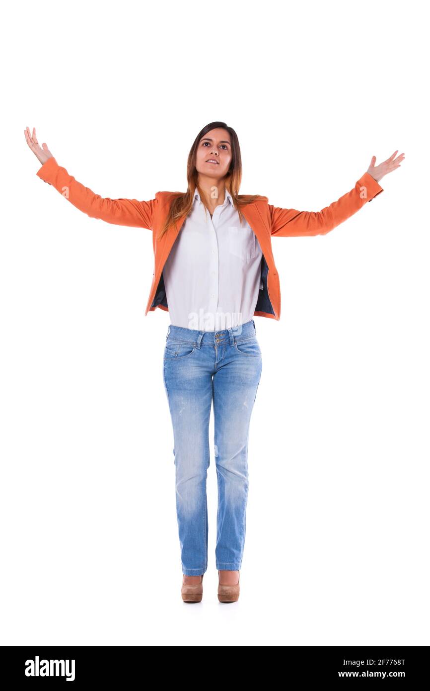 Young businesswoman with her arms outstretched Stock Photo