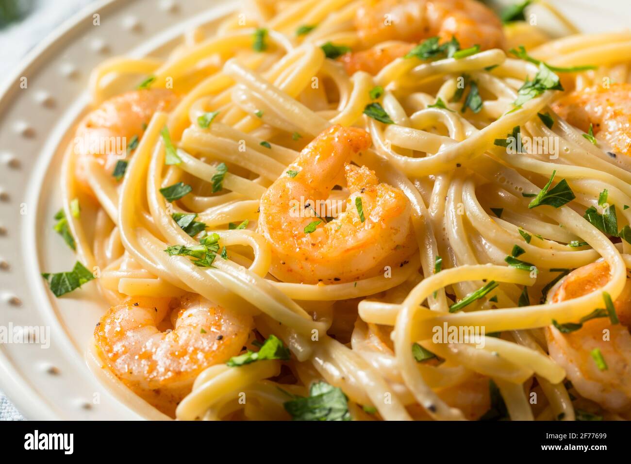 Homemade Shrimp Fettuccine Alfredo Pasta with Parsley Stock Photo Alamy