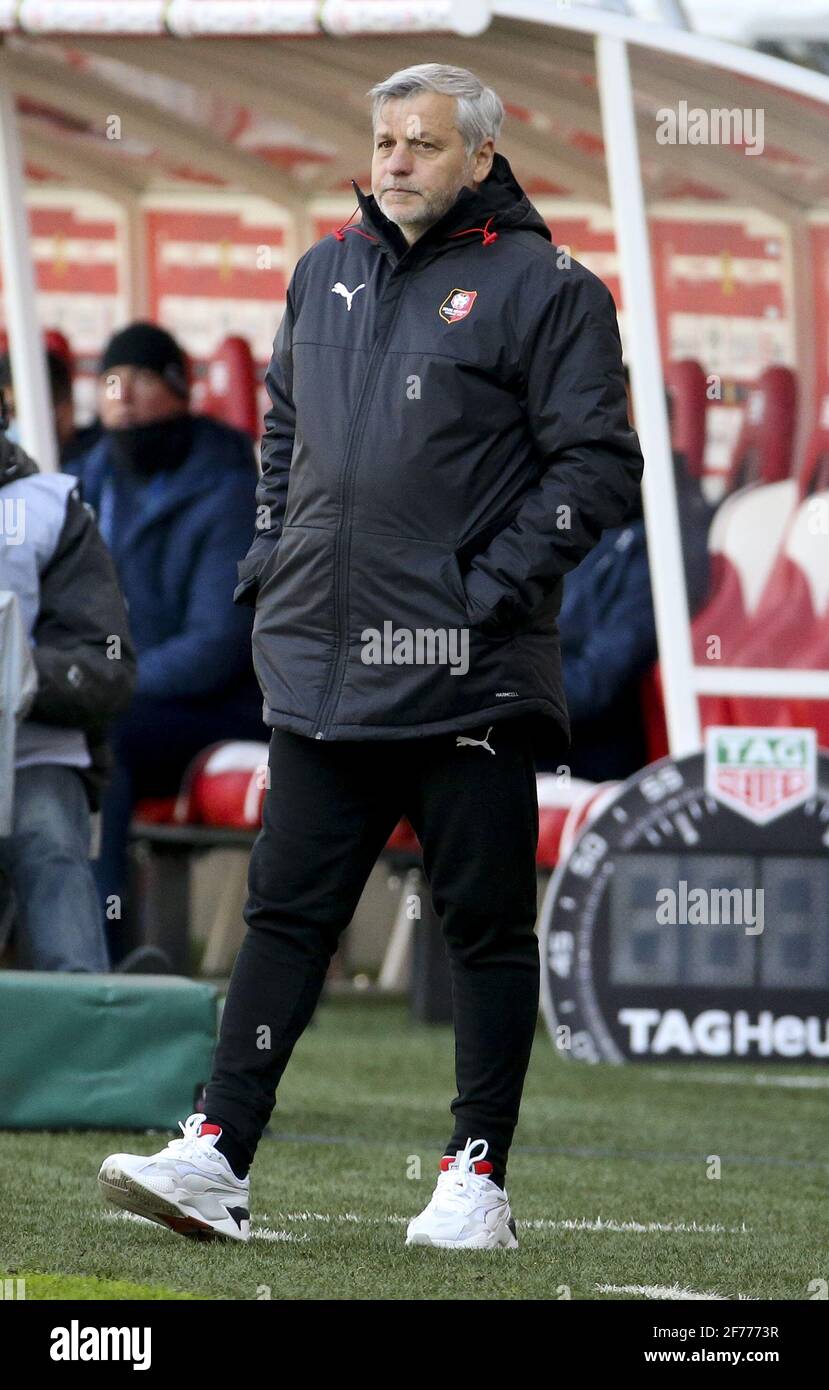 Coach of Stade Rennais Bruno Genesio during the French championship Ligue 1  football match between Stade de Reims and Stade Rennais (Rennes) on April  4, 2021 at Stade Auguste Delaune in Reims,