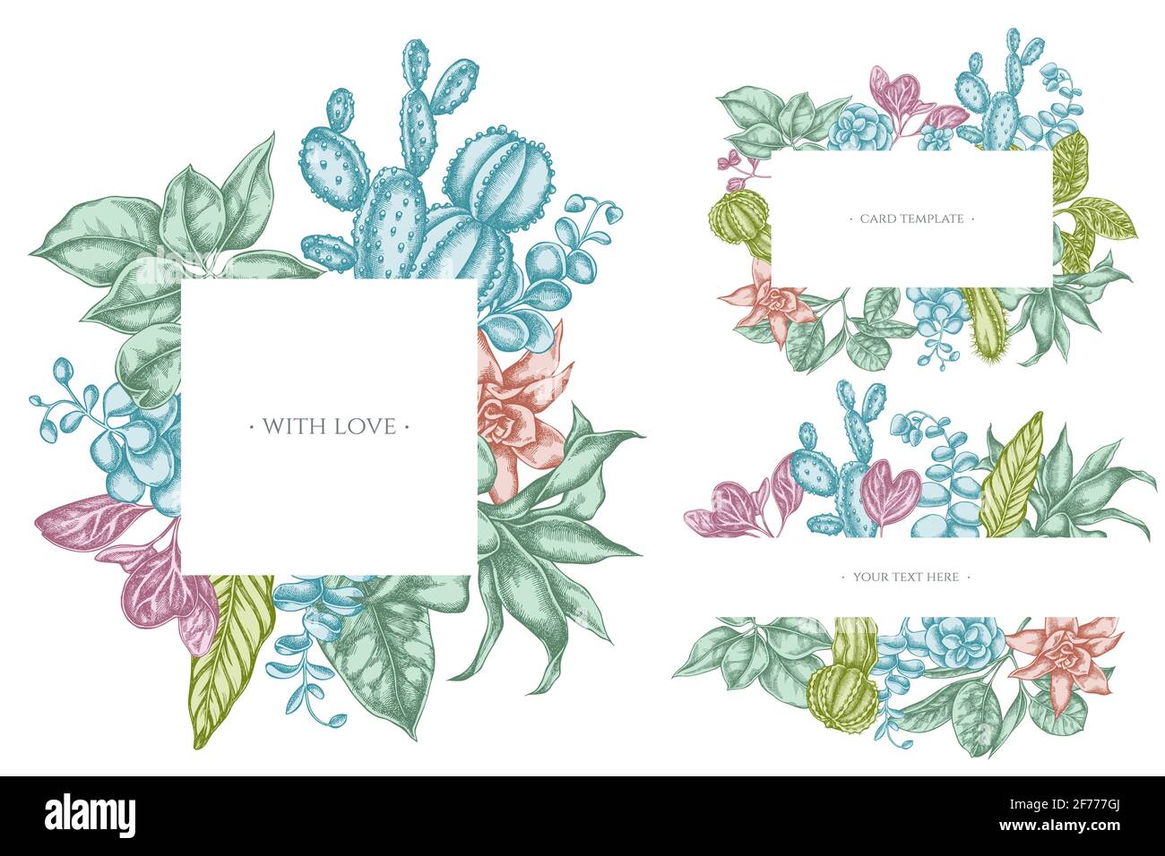 Floral frames with pastel ficus, iresine, kalanchoe, calathea, guzmania, cactus Stock Vector