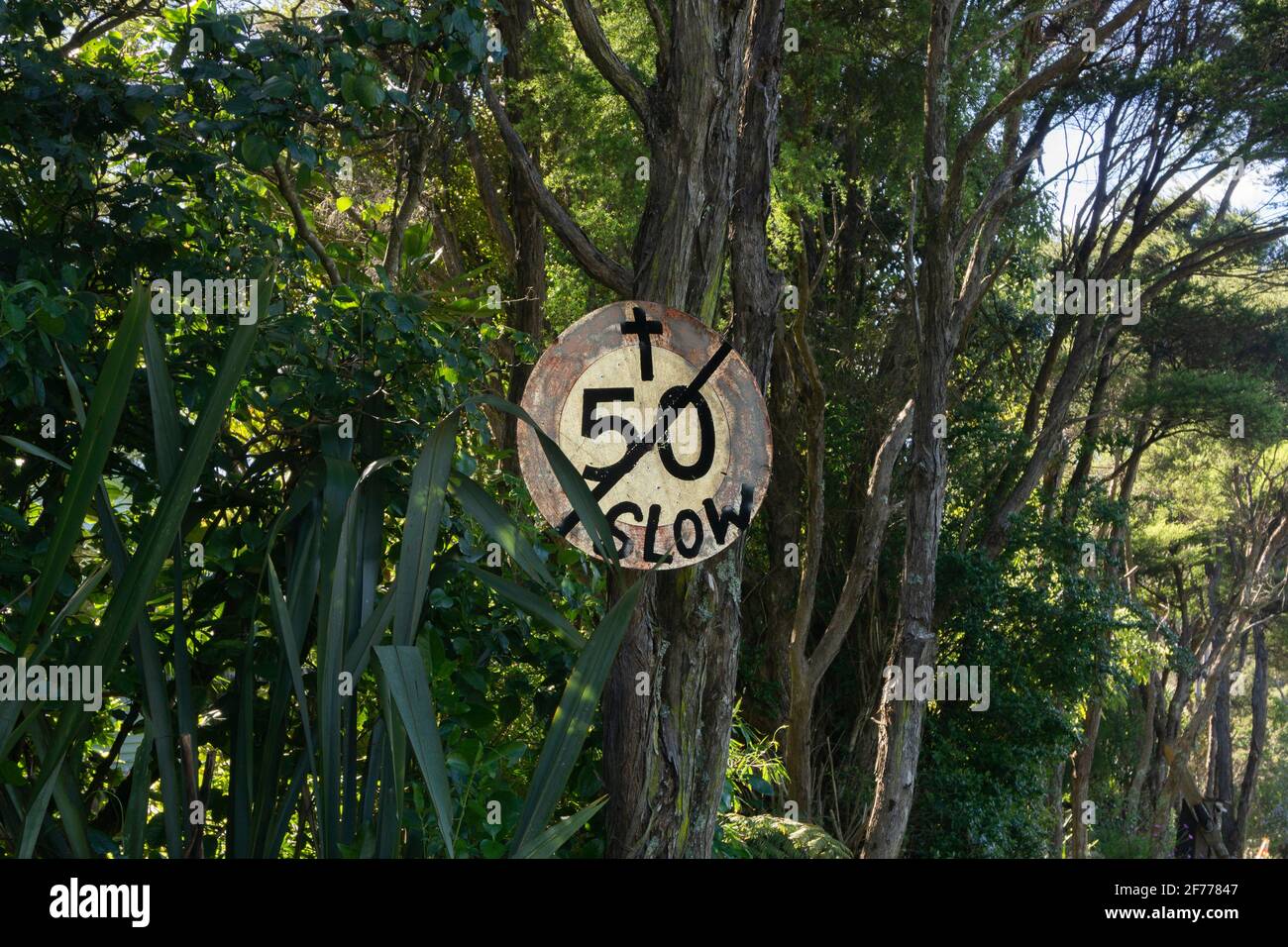Waiheke Island, New Zealand. Unofficial road sign Stock Photo