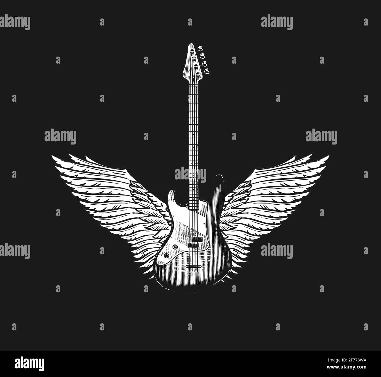 Guitar with angel wings. Hand Drawn grunge sketch with a tattoo or t