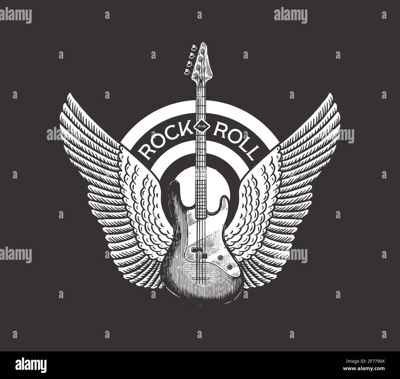 Guitar with angel wings. Hand Drawn grunge sketch with a tattoo or t