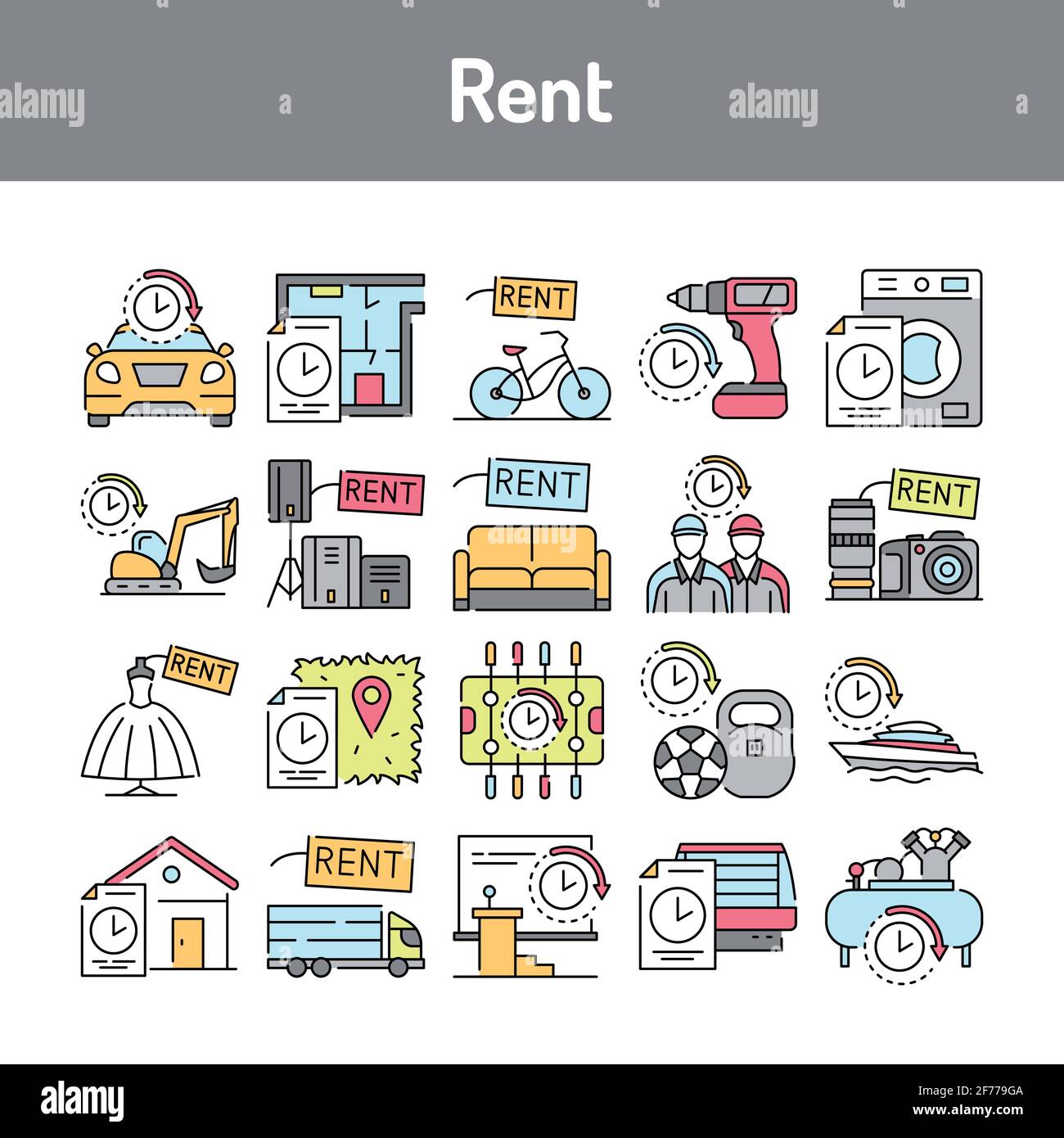 Rent line icons set. Isolated vector element. Outline pictograms for web page, mobile app, promo. Editable stroke. Stock Vector