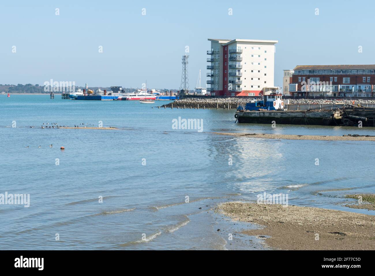 Sea view from Hythe promenade in Hampshire, England, UK Stock Photo