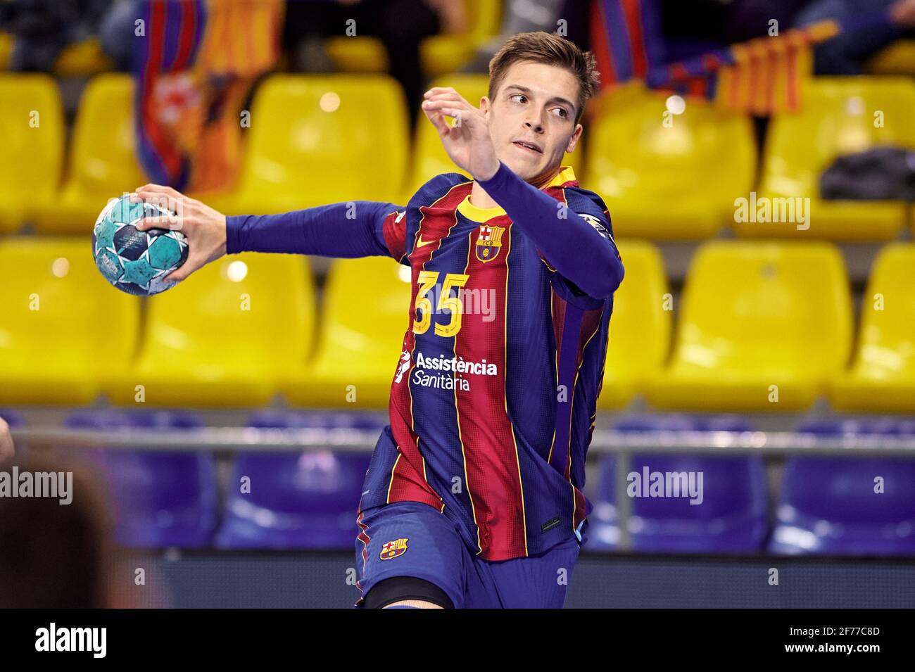 Barcelona, Barcelona, Spain. 5th Apr, 2021. Domen Makuc of FC Barcelona  during the second leg of the 1/8 final of the EHF Champions League match  between FC Barcelona and Elverum Handball at