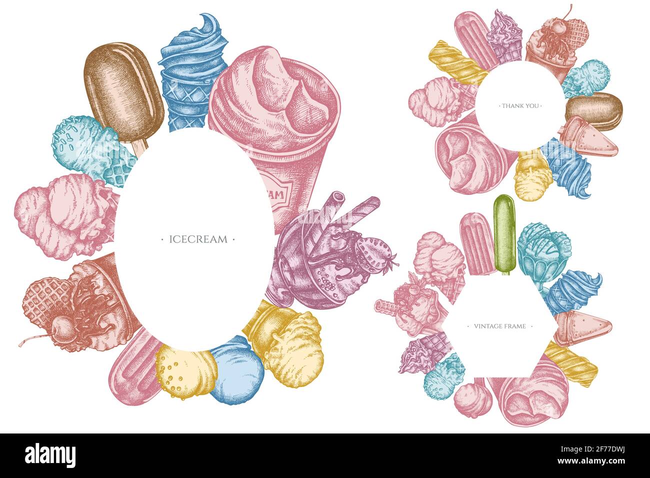 Frames with pastel ice cream bowls, ice cream bucket, popsicle ice